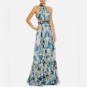 MAC DUGGAL FLORAL HALTER A LINE GOWN W/ CUTOUTS AND EMBELLISHED BELT